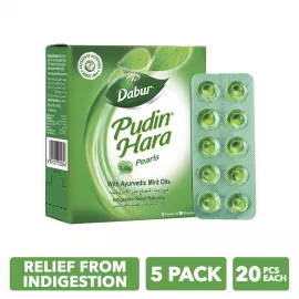 Dabur Pudin Hara Pearls (5 Pack Bundle); Quick Cooling Relief from Stomach ache, Gas, Indigestion, Acidity; Contains Peppermint Oils, Spearmint Oils