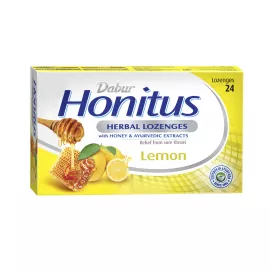 Dabur Honitus Herbal Lozenges | Effective Relief from Cough, Strep Infection & Sore Throat Pain | With Honey, Turmeric, Ginger, Amla | Lemon Flavor | 24s