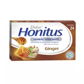Dabur Honitus Herbal Lozenges | Effective Relief from Cough, Strep Infection & Sore Throat Pain | With Honey, Turmeric, Ginger, Amla | Ginger Flavor | 24s