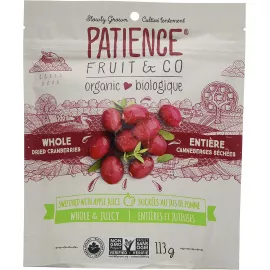 Patience Organic Whole & Juicy Dried Cranberries, Sweetened With Apple Juice 113 grams