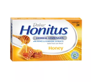 Dabur Honitus Herbal Lozenges | Effective Relief from Cough, Strep Infection & Sore Throat Pain | With Honey, Turmeric, Ginger, Amla | Honey Flavor | 24s