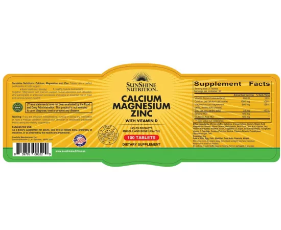 Sunshine Nutrition Calcium Magnesium Zinc With Vitamin D3 100 Tablets