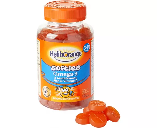 أقراص الفيتاميات المتعددة  و أوميجا-3 للأطفال بنكهة البرتقال من هاليبورانج 60's