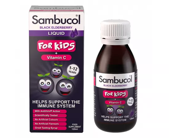 سيرب فيتامين C  للأطفال من سن 1 إلى 12 بنكهة البيلسان الأسود من سامبوكول x 120 مللي