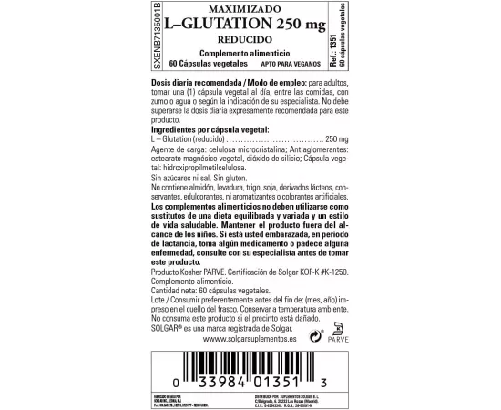 Solgar L-Glutathione Vegetable Capsules 250 60's