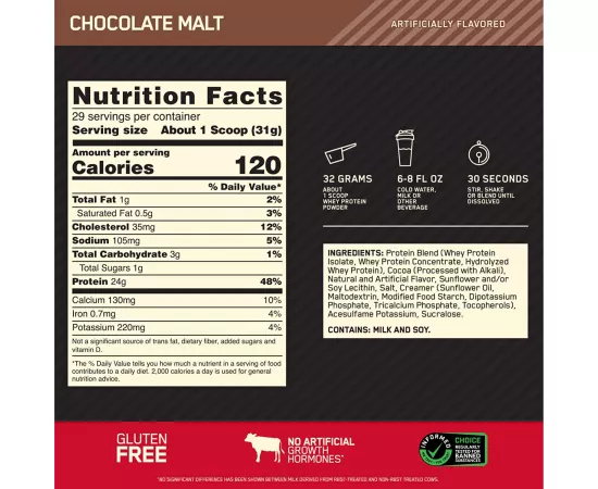 واي  جولد ستاندرد 100% بنكهة الشوكولاتة والشعير من أوبتيموم نيوتريشن 2رطل - 29 حصة