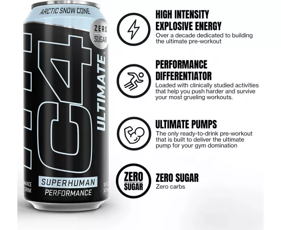 Cellucor C4 Ultimate Sugar Free Energy Drink Arctic Snow Cone Pack Of 12