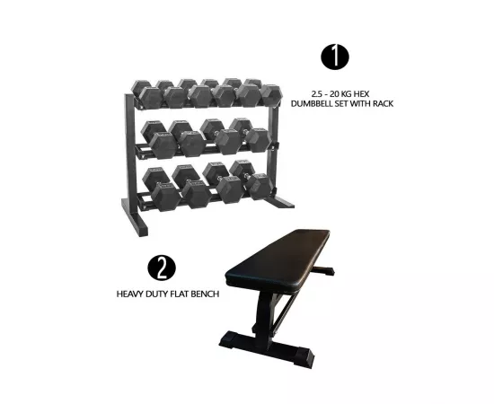 Combo Offer - Hex Dumbbell Set 2.5 Kg to 20 Kg with Dumbbell Rack and Adjustable Bench