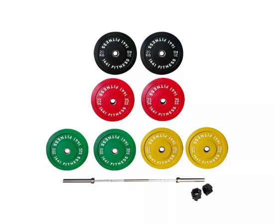 1441 Fitness 7 Ft Olympic Barbell and Color Bumper Plate Set - 160 Kg