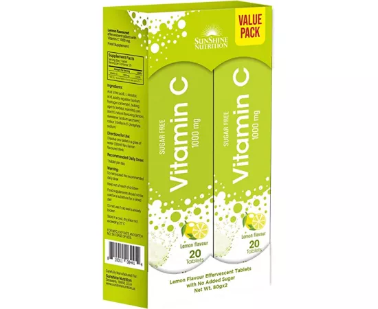 Sunshine Nutrition Vitamin C 1000 mg Effervescent Lemon Flavor 20 Tablets (Pack of 2)