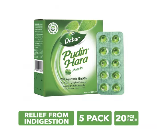 Dabur Pudin Hara Pearls (5 Pack Bundle); Quick Cooling Relief from Stomach ache, Gas, Indigestion, Acidity; Contains Peppermint Oils, Spearmint Oils