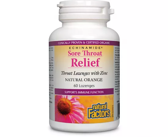 Natural Factors Sore Throat Relief Orange 60 Lozenges