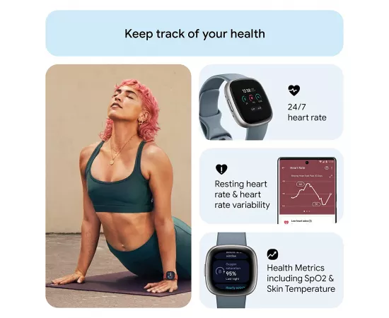 Fitbit Versa 4 Fitness Watch Waterfall Blue Plantinum