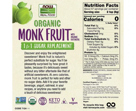 Now Foods Organic Monk Fruit with Organic Erythritol 1 to 1 sugar replacement 1Lb