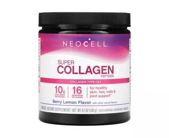 Neocell Super Collagen Peptides Powder (Type 1&3) 10g collagen peptides 6.7 Oz (190g) Berry Lemon Flavor With Other Natural Flavor. Keto certified + Gluten free + GrassFed.