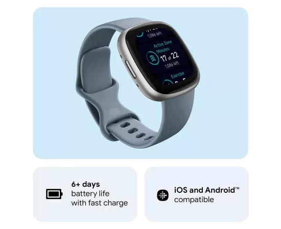 Fitbit Versa 4 Fitness Watch Waterfall Blue Plantinum