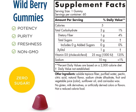 Nordic Naturals, Zero Sugar Vitamin D3 1000iu Gummies, Wild Berry Flavour