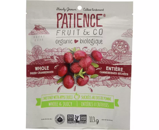 Patience Organic Whole & Juicy Dried Cranberries, Sweetened With Apple Juice 113 grams