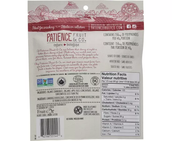 Patience Organic Whole & Juicy Dried Cranberries, Sweetened With Apple Juice 113 grams