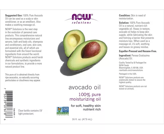 Now Solutions Avocado Oil 100% Pure Moisturizing Oil 16 Fl Oz.