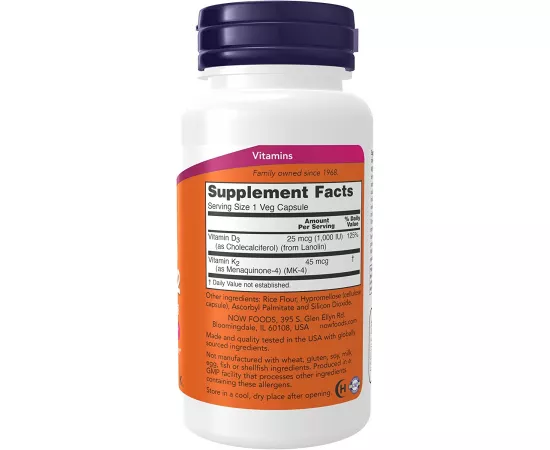 Now Foods Vitamin D3 & K2 1000 IU/45 mcg 120 Veg Capsules