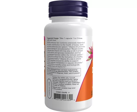 Now Foods Vitamin D3 & K2 1000 IU/45 mcg 120 Veg Capsules