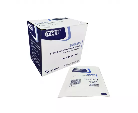 Max Sterile Gauze Swab 8ply 5cmx5cm 100pcs/Box