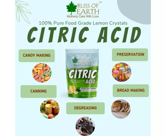 Bliss of Earth Citric Acid 100% Pure Food Grade Lemon Crystals Anhydrous Citric Acid Powder For Food  Bath Cleaning and Preserving 453g