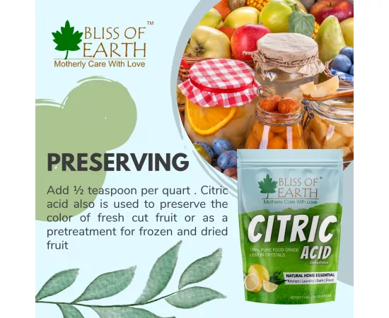 Bliss of Earth Citric Acid 100% Pure Food Grade Lemon Crystals Anhydrous Citric Acid Powder For Food  Bath Cleaning and Preserving 453g